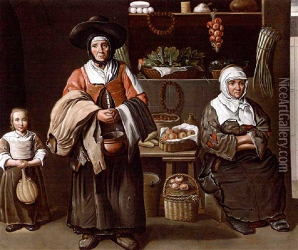 A Young Girl, A Woman And An Elderly Woman Selling Vegetables, Fruit, Bread, Nuts And Wine Oil Painting -  Master of the Games [Maitre des Jeux]