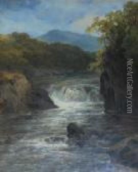 Waterfall In A Highland Landscape Oil Painting - James Burrell-Smith