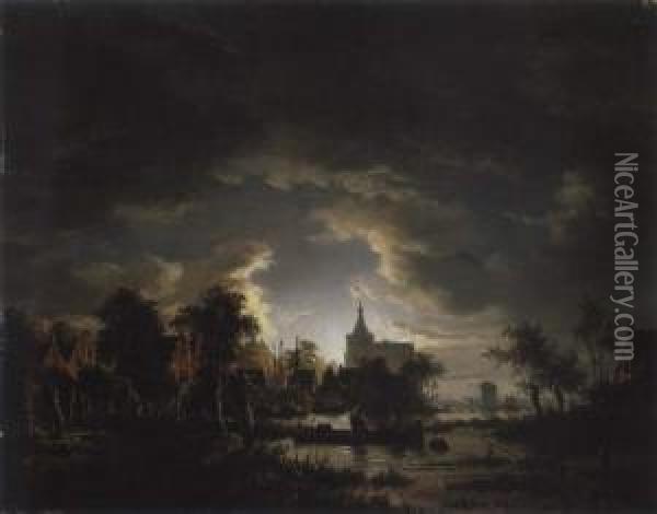 Flusslandschaft Bei Mondlicht Oil Painting - Jacobus Theodorus Abels