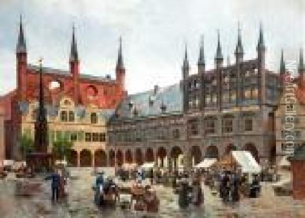 View From The Market Place In Lubeck. Signed Aug. Fischer 