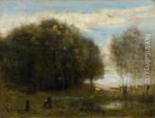 Trois Personnages En Vue D'un Village Oil Painting - Jean-Baptiste-Camille Corot