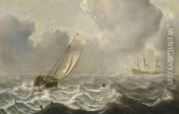 A Smallschip And A Frigate In Stormy Waters Oil Painting - Jan Porcellis