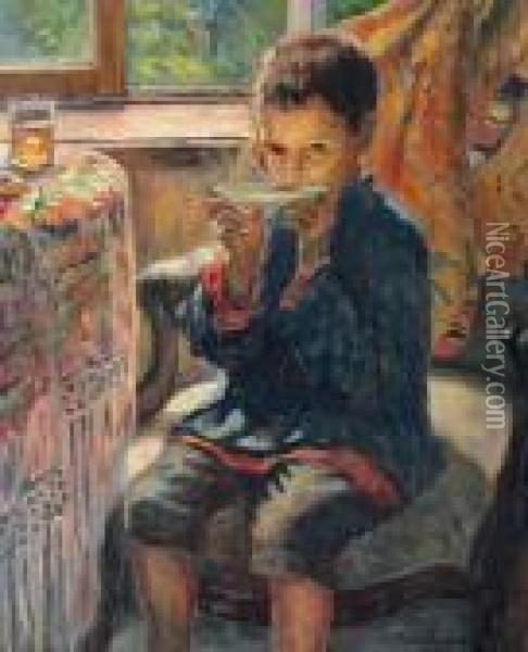 A Young Boy Drinking Tea Oil Painting - Nikolai Petrovich Bogdanov-Belsky