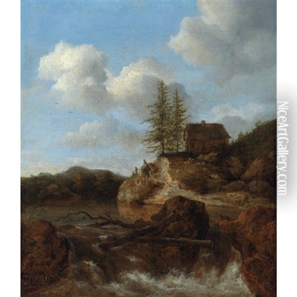 A Scandinavian Landscape, With Figures Overlooking A Torrent Oil Painting - Jacob Van Ruisdael