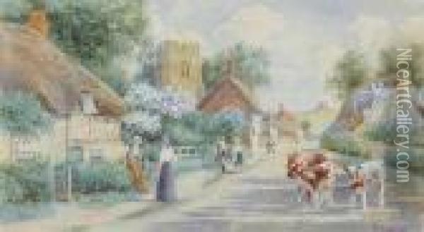 Cows On A Village Street; Feeding The Ducks Oil Painting - Robert Hollands Walker