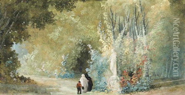 A Parkland Landscape With Elegant Figures Before A Statue Oil Painting - Hubert Robert