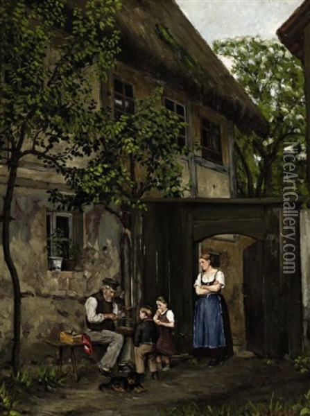 Familie Vor Dem Gehoft Oil Painting - Erik Hammer