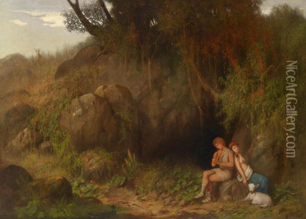 Romantic Scene With Shepherd Couple Oil Painting - Georg Kugler