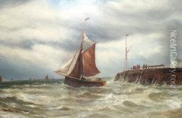 Rba -- Shipping Off A Pier Beneath Stormy Skies Oil Painting - Thomas Bush Hardy