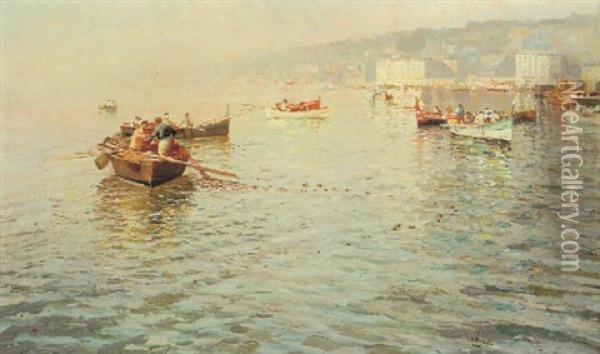 Fishing Vessels Off A Coast Oil Painting - Attilio Pratella
