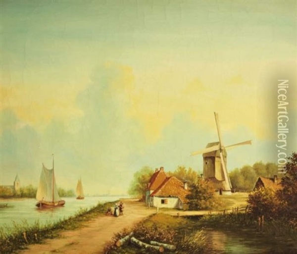 Hollandische Landschaft Mit Kanal Und Figurenstaffage Oil Painting - Lodewijk Johannes Kleyn