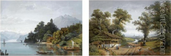 The Ruins Of Habsburg Castle 
Near Kussnacht, Luzern; A River Landscape With Bern In The Distance (a 
Pair) Oil Painting - Henri Knip