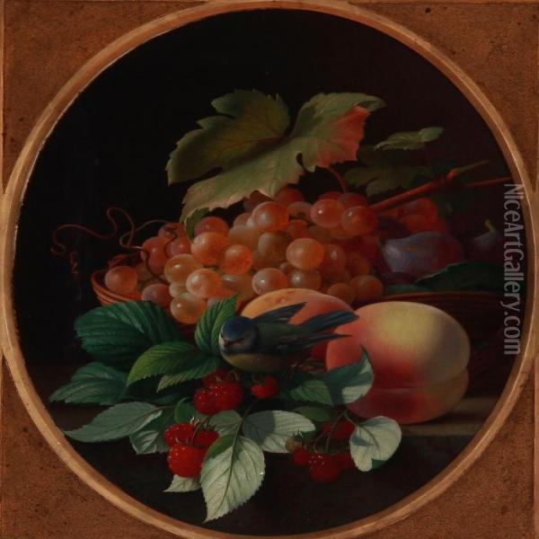 Grapes, Raspberries, Figs And Peaches On A Sill With A Blue Tit Sitting On A Leaf Oil Painting - Carl Vilhelm Balsgaard