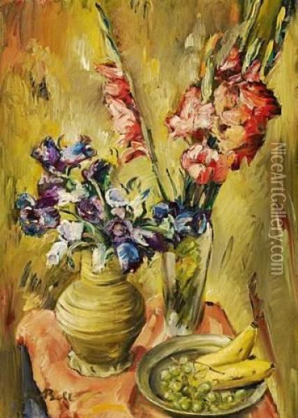 Still Life With Gladiolas And Fruits Oil Painting - Josef Bell