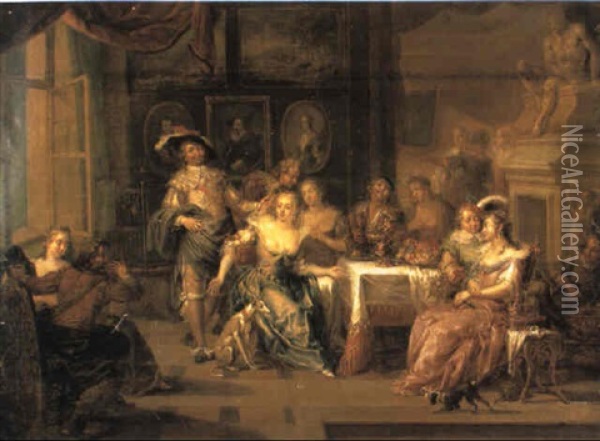 Elegant Company Merrymaking In An Interior Oil Painting - Franz Christoph Janneck