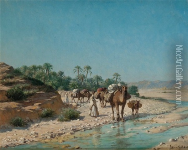 Caravane Franchissant Un Oued Oil Painting - Paul Jean Baptiste Lazerges