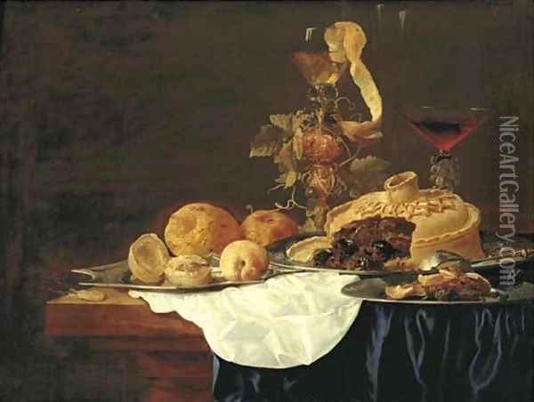A pie on a silver plate, a lemon and peaches on a platter, with hazlenuts on a plate, a roemer and a glass of red wine on a partly-draped table Oil Painting - Christian Luycks