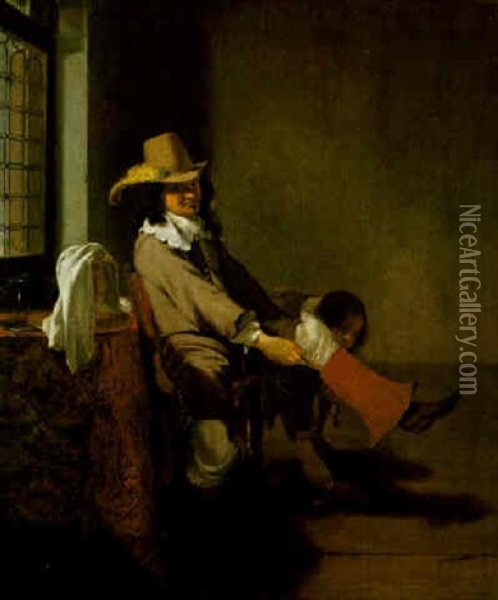 An Officer Pulling On His Boot, While A Manservant Removes His Slippers Oil Painting - Simon Kick