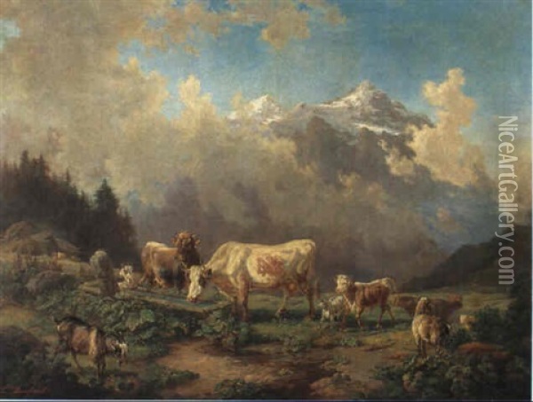 Kuhe, Kalber Und Ziegen An Der Tranke Oil Painting - Louis (Ludwig) Reinhardt