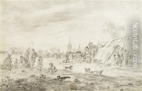 Market Goers With Campsand Wagons Oil Painting - Jan van Goyen