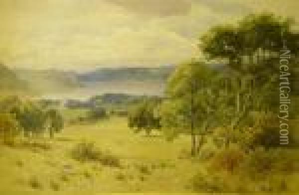 A Lake Landscape, With Sheep Grazing In Parkland Oil Painting - John Henry Mole