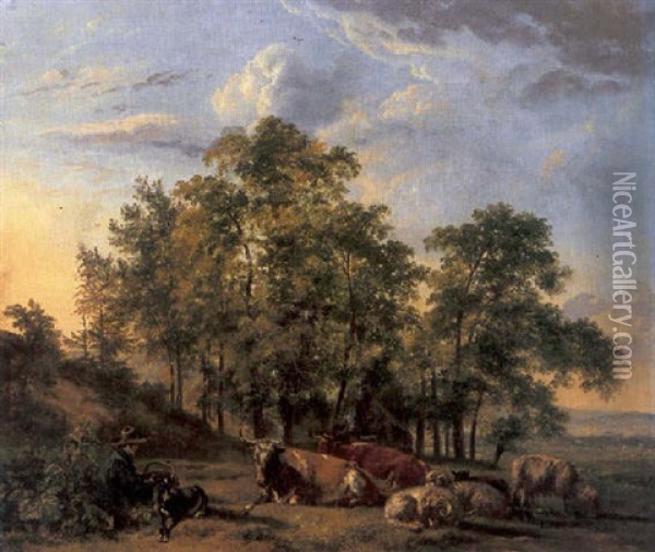 A Pastoral Landscape With A Shepherd And His Livestock Resting, A Cottage In The Woods Nearby Oil Painting - Pieter Gerardus Van Os