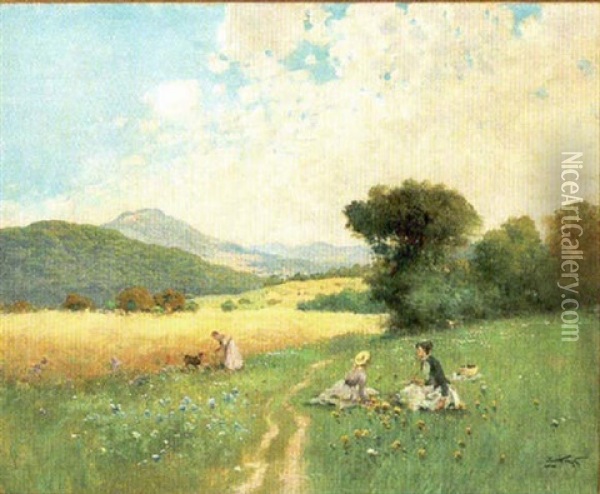A Picnic In The Meadowlands, Mountains Beyond Oil Painting - Gyula Zorkoczy