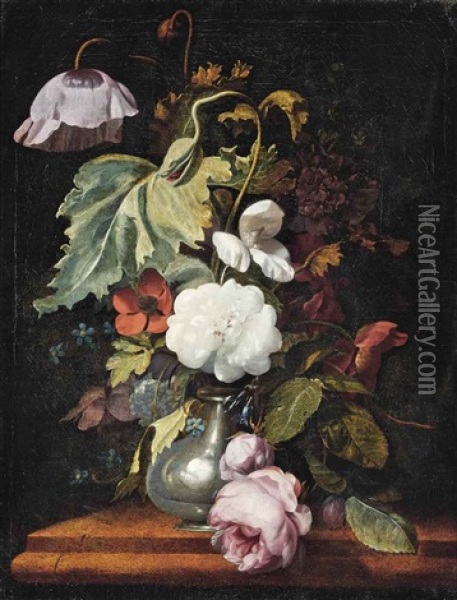 Roses, Peonies, Poppies And Other Flowers In A Vase On A Ledge Oil Painting - Herman Verelst
