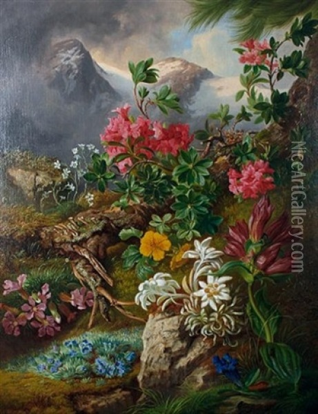 Still Life Of Alpine Flowers In A Landscape Oil Painting - Josef Schuster