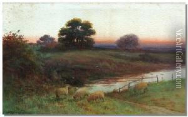 Landscape Scene With Sheep And River In The Foreground Oil Painting - George Oyston