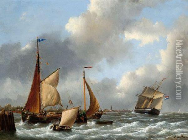 Ships On An Estuary Oil Painting - Emanuel De Vries