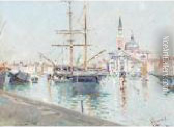 Ship At Harbour, Venice Oil Painting - Antonio Maria de Reyna