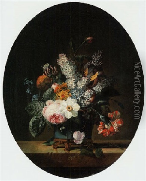 Roses, Lilacs, Parrot Tulips, Narcissi, A Daffodil, A Carnation And Other Flowers In An Ormolu-mounted Vase, On A Ledge Oil Painting - Jean Louis Prevost