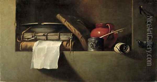Books, a plate, an earthenware pitcher, an ink well and quill in a niche with an oil lamp on the wall nearby Oil Painting - Giovanni Battista Langetti