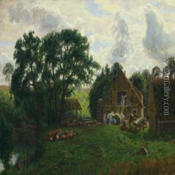 Working At The Watermill Oil Painting - Niels Skovgaard