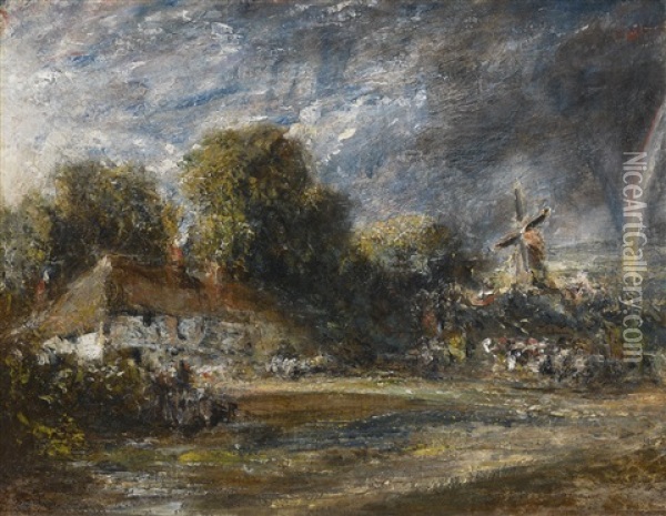 Landscape With A Red-tiled Cottage, A Windmill And A Rainbow Oil Painting - John Constable