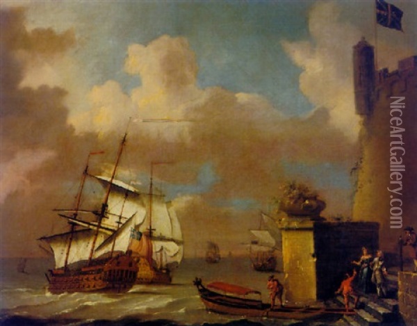 Seascape With Elegant Figures Approaching A Barge, British Men Of War Beyond Oil Painting - Adriaen Van Diest