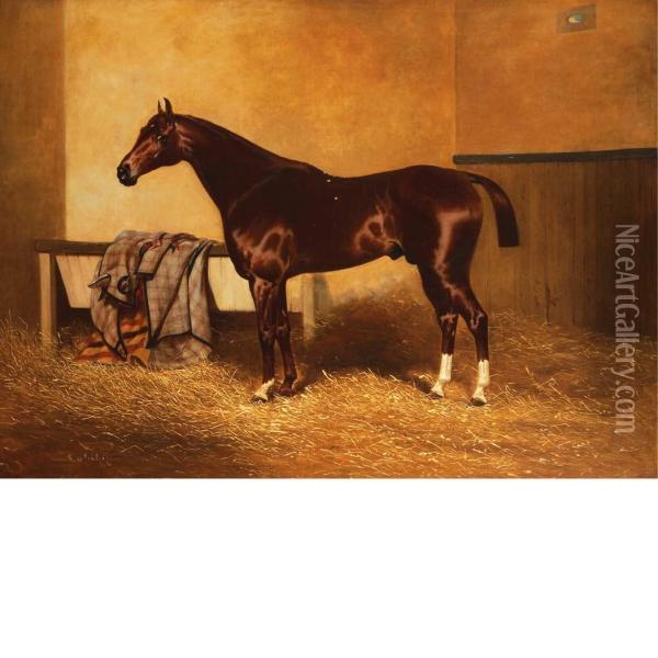 A Liver Chestnut Horse In A Stall Oil Painting - Alfred F. De Prades