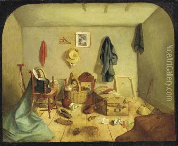An Interior With A Chest, A Violin And Other Objects Oil Painting - Alexander W. Rutherford