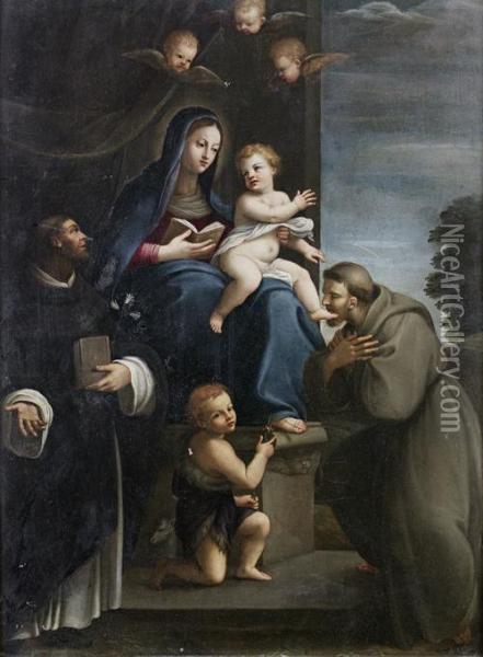 The Madonna And Child With The Infant Saintjohn The Baptist And Saints Dominic And Francis Oil Painting - Niccolo Berrettoni