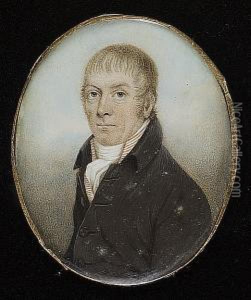 A Gentleman, Wearing Brown Coat, Red And White Striped Waistcoat And White Cravat Oil Painting - Nathaniel Plimer