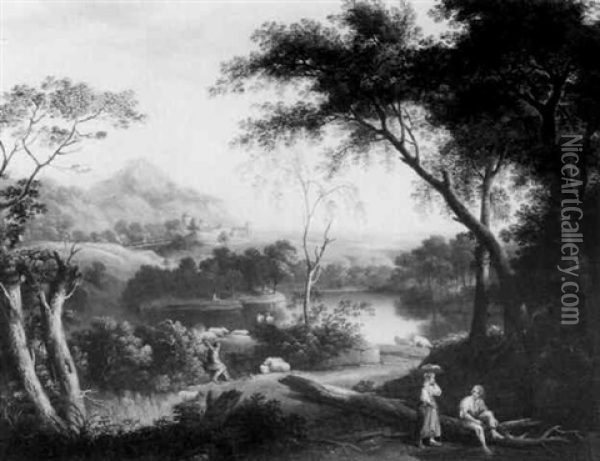 A Pastoral Scene With Figures In An Italianate Landscape Oil Painting - George Barret