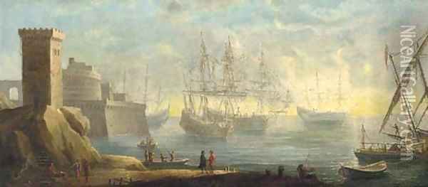 A capriccio of a mediterranean port with men-o'-war anchored before a fort Oil Painting - Pierre Puget