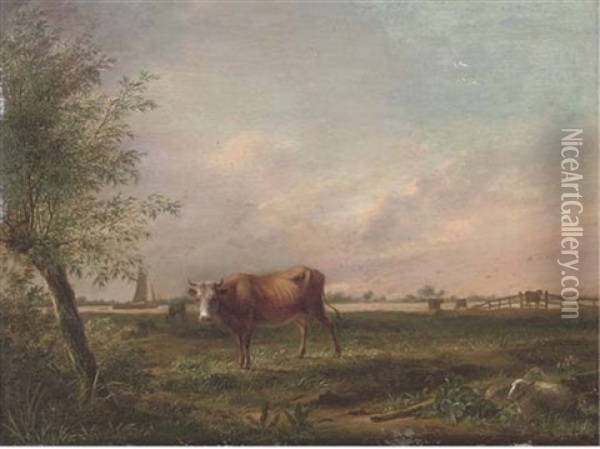 A Landscape With Cattle And Sheep, Boating On A River Beyond Oil Painting - Johannes I Janson