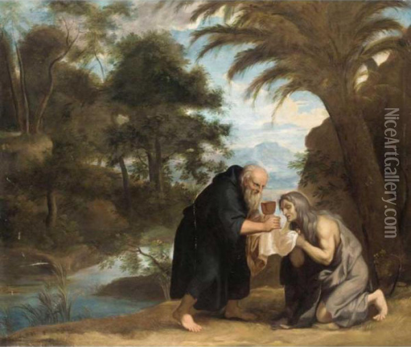 Saint Mary Of Egypt Receiving Her Last Communion From Zosimus Oil Painting - David The Younger Teniers