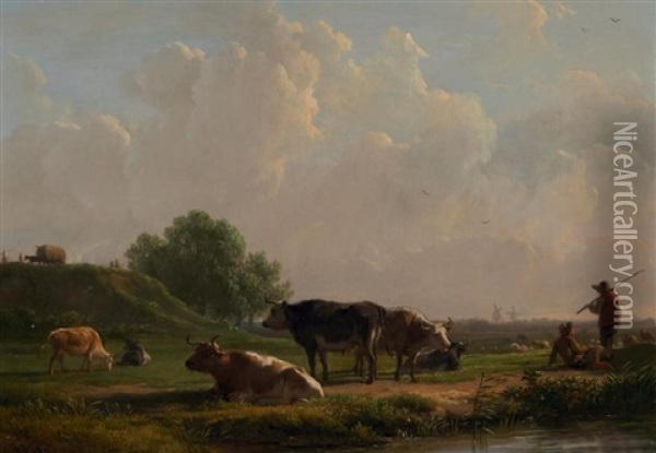 Deux Bergers Et Leur Troupeau De Vaches Oil Painting - Balthasar Paul Ommeganck