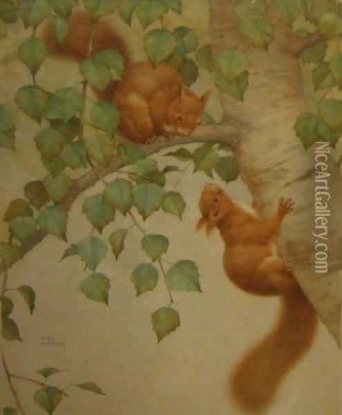 Red Squirrels Oil Painting - Noel Hubert Hopking