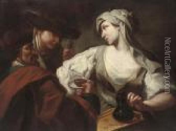 A Woman Serving Two Men Chocolate Oil Painting - Giovanni Battista Piazzetta