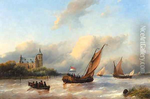 A royal barge on a choppy river with slot Loevestein in the background Oil Painting - Antonie Waldorp