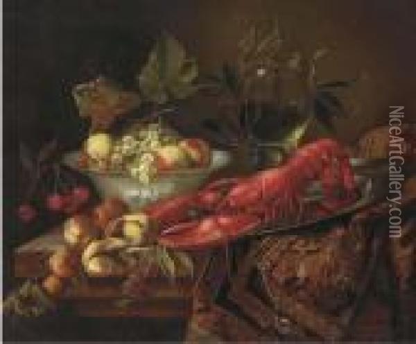 A Goblet Of Wine, A Bowl Of 
Peaches And Grapes, A Lobster On A Salver By A Peeled Lemon, Apricots, 
Raspberries And A Rug On A Ledge Oil Painting - Jan Davidsz De Heem